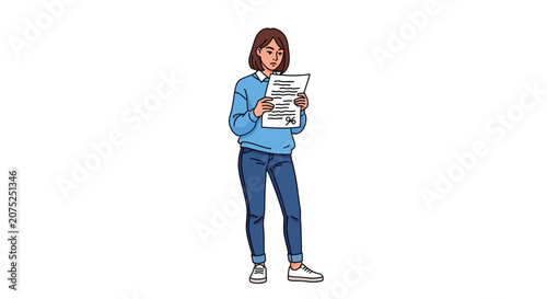 Young woman looking at document with percentage symbol, concerned expression