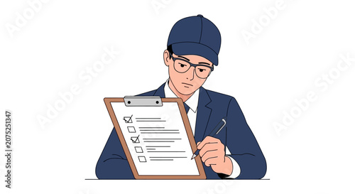 Man in glasses and cap checking a checklist on a clipboard.