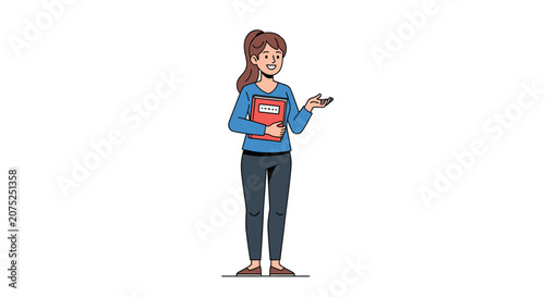 Smiling female student holding a book and gesturing during a presentation vector illustration.