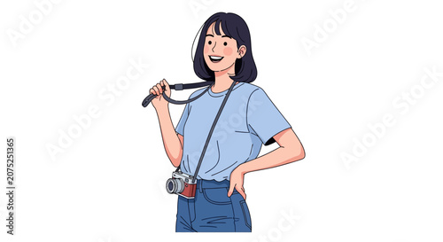 Young smiling woman photographer with a vintage film camera flat vector illustration