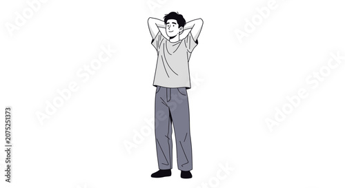 Relaxed young man standing with hands behind head and a content expression.
