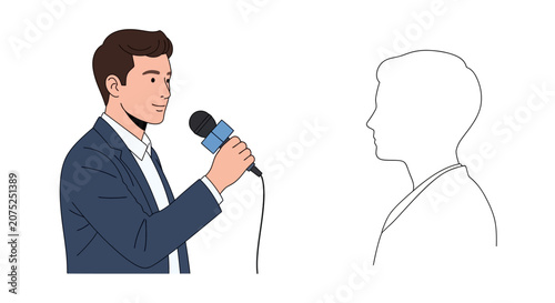 Journalist interviewing with microphone, silhouette of interviewee on white background.
