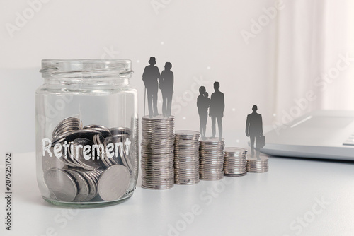Preparing funds for retirement. The human life cycle on a pile of coins to prepare for retirement.