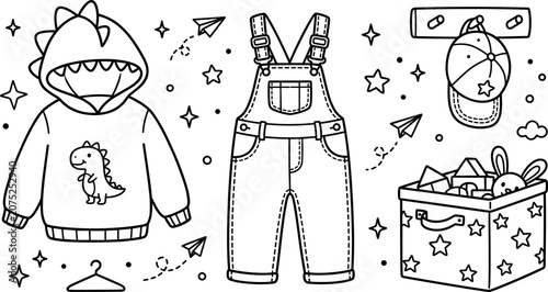 Fotografía Cute Kids Clothes and Toy Box Vector Illustration Featuring Dinosaur Hoodie Deni