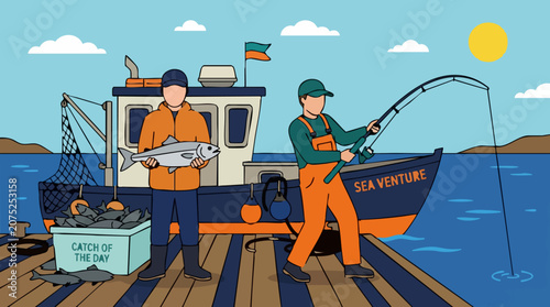 Photos Fishermen with boat and fresh catch on a wooden dock illustration