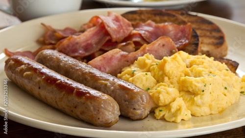 Delicious breakfast plate with grilled sausages crispy bacon and creamy scrambled eggs served on a white ceramic dish