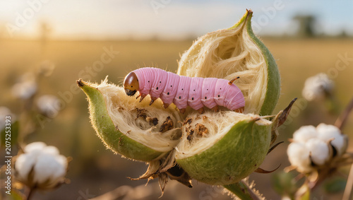 Pink Bollworm caterpillar inside a damaged green cotton boll in a field