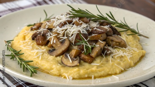 Gourmet porcini mushroom polenta topped with freshly grated cheese and aromatic rosemary served in rustic style food photography