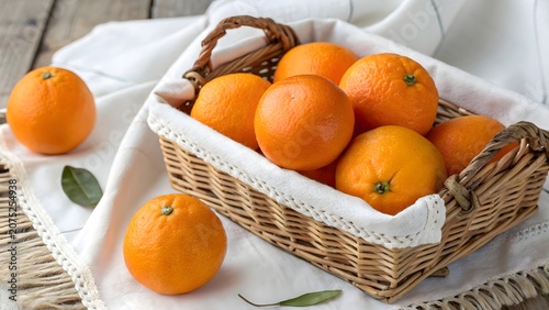 Fresh ripe oranges arranged naturally in a rustic woven basket placed on soft white fabric with clean minimal background