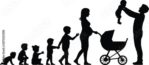 Evolution of female silhouette from child girl to woman in sport music dance and business activities vector illustration of human passion art performance and song in black silhouette