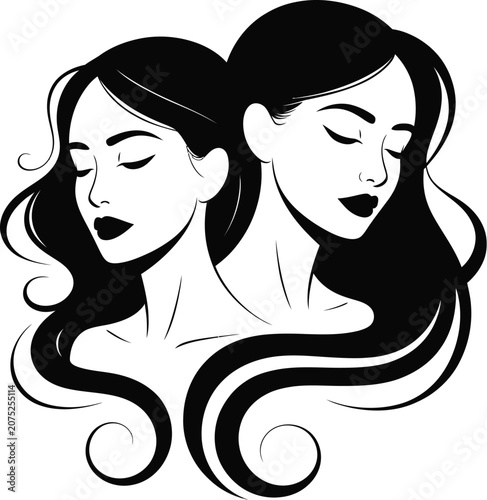 Young couple vector illustration, elegant man and woman face profiles, fashion beauty sketch, black line art silhouette style, glamour hairstyle design