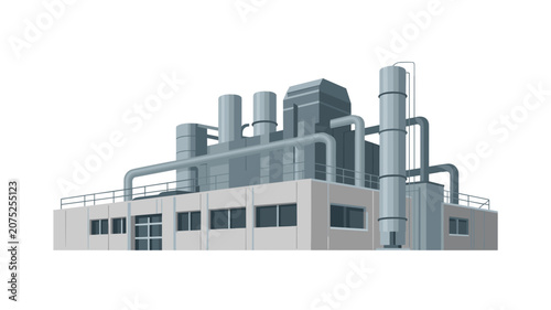 Industrial processing plant exterior showcasing complex metal piping systems and storage towers against a clean white background.