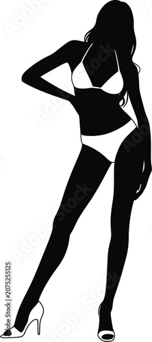 Silhouette of woman, girl and young woman in elegant poses, fashion beauty figure illustration, black vector shadow of dancing and fitness model, standing body art composition