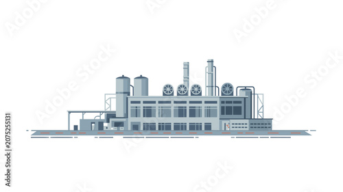Industrial factory building exterior featuring tall smokestacks and ventilation fans designed for large-scale manufacturing processes.