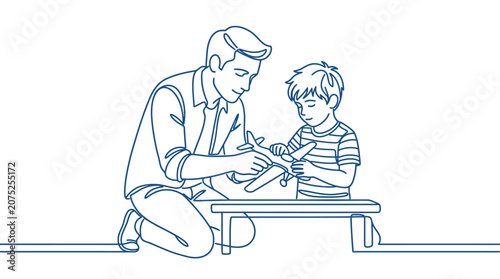 Foto Father tenderly showing something to his son on a table