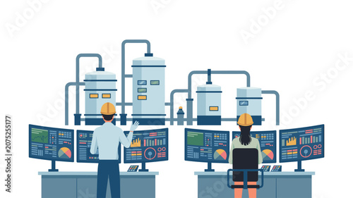 Plant operators analyzing real-time data charts on computer monitors while overseeing industrial tanks and pipe infrastructure systems.