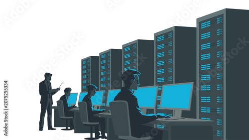 IT specialists working at computer desks with illuminated displays in front of tall server racks inside a data center environment.