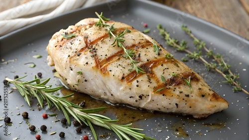 Juicy golden buttery chicken breast with aromatic rosemary and thyme seasoning served as premium restaurant style meal