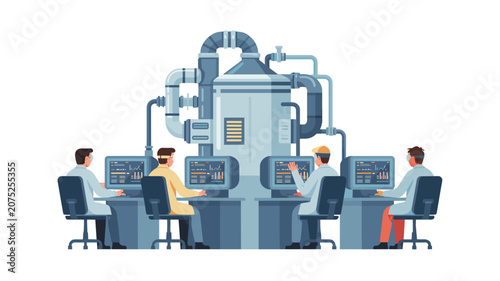 Group of researchers work at computer stations in front of a large, complex industrial pipe and tank system in laboratory environment.