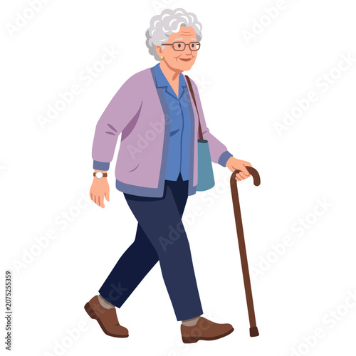 Smiling senior woman with curly gray hair and glasses walking with wooden cane wearing purple cardigan dark trousers and blue shoulder bag flat vector illustration