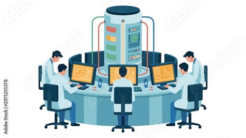 Team of scientists in white coats sit at a circular desk monitoring data on computers surrounding a central industrial reactor.