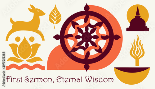 Foto Bold flat vector for Asalha Bucha: saffron wheel, lotus, candle, monk bowl for B