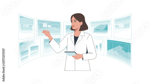 Female scientist in a lab coat interacting with floating holographic data dashboards to analyze complex information within a futuristic scientific research environment.