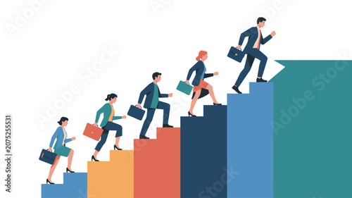 Diverse business team with briefcases ascends a multi-colored staircase to symbolize career advancement, teamwork, and professional success in a corporate setting.