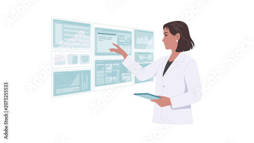 Woman in a white lab coat interacts with floating digital data dashboards to analyze complex information within a futuristic scientific research environment.
