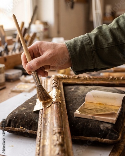 Hand applying gold leaf to ornate antique picture frame macro gilding heritage restoration