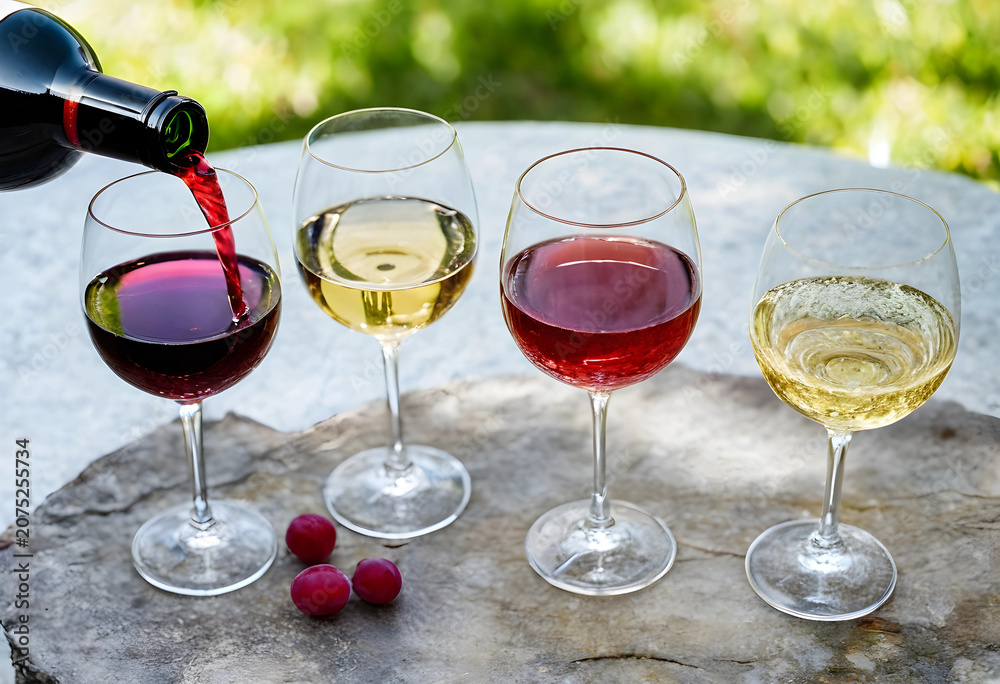 Fototapeta premium Pouring red wine into glass with white and rose wine glasses