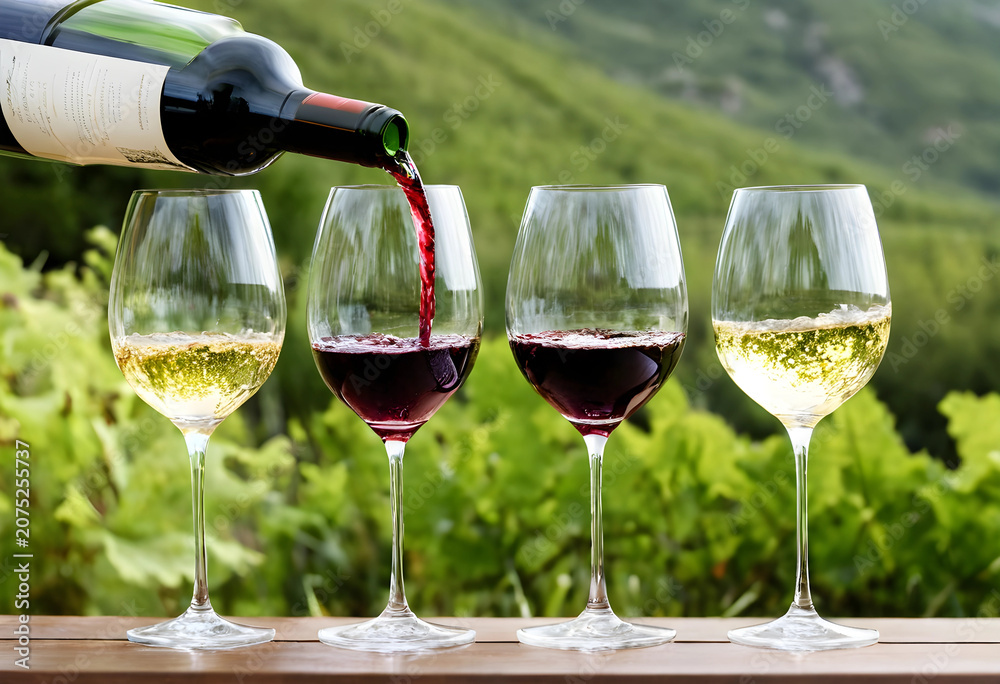 Fototapeta premium Pouring red wine into glasses outdoors