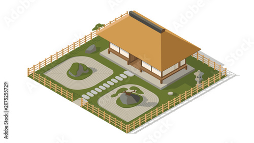 Isometric Japanese house featuring a thatched roof and a zen garden with rocks and raked sand patterns for architectural and landscaping design concepts.