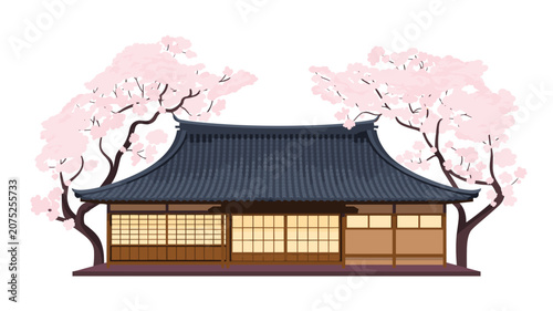 Traditional Japanese home with dark tiled roof and sliding shoji doors framed by blooming cherry blossom trees for spring cultural and heritage concepts.