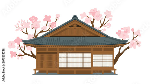Traditional Japanese house with wooden architecture and sliding shoji doors framed by blooming cherry blossom trees for cultural and travel concepts.