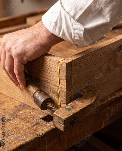Hand gluing oak dovetail wood joint with clamp macro cabinetmaker repair restoration