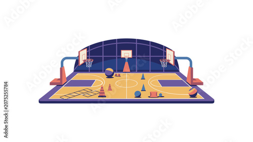 Basketball court with agility ladders and training cones placed on a yellow and blue surface for sports conditioning and physical education drills.