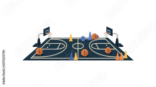 Basketball training court equipment including orange balls and colorful traffic cones arranged for skill development and athletic practice drills.