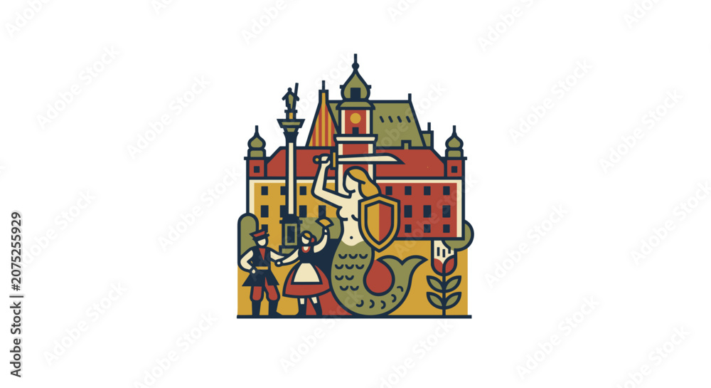 Naklejka premium Warsaw Mermaid Symbol Emblem Illustration.