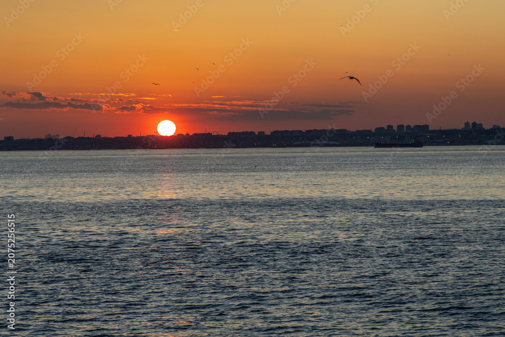Fototapeta premium Bosphorus strait dramatic sunset view with big sun disk lowering behind the historic old city skyline. Orange sky over water channel with seagull silhouettes, twilight scene, Istanbul, Turkey.