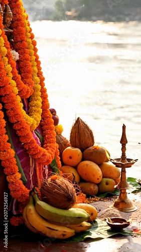 Vertical close-up of orange marigold garlands and fruit offerings for a serene hindu puja by the river.