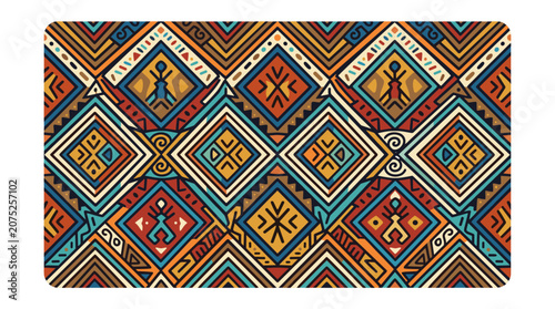 Colorful African tribal pattern with geometric shapes and figures.