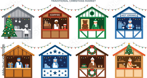 Bild auf Leinwand Traditional Christmas market vector illustration set with flat wooden stalls sel