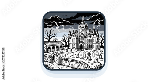 Haunted Mansion Illustration with Graveyard and Stormy Sky.