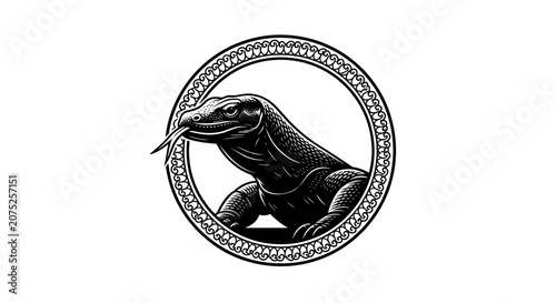 Komodo Dragon Emblem Illustration in Circular Frame.