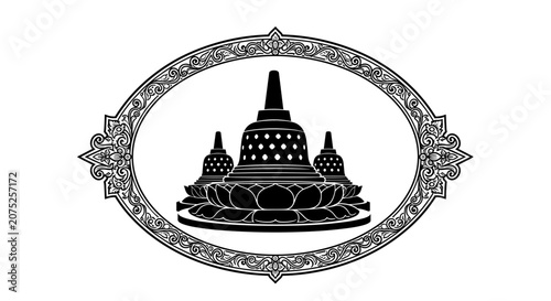 Ornate Buddhist Temple Emblem Silhouette.