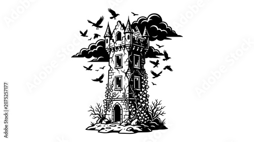 Haunted Castle Tower with Crows and Stormy Clouds.