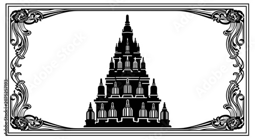Ornate Temple Silhouette with Decorative Border.