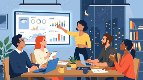 Konstfotografi Flat vector office teamwork scene at night, professionals working on tight deadl