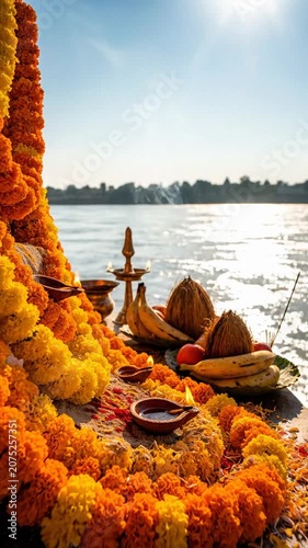 Vertical shot of orange marigold garlands and ritual offerings by a bright river bank.